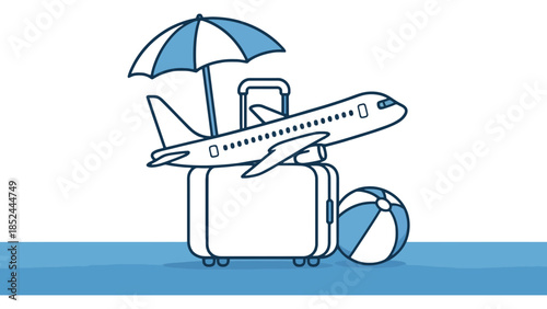Exciting travel adventure with airplane, luggage, beach ball, and umbrella