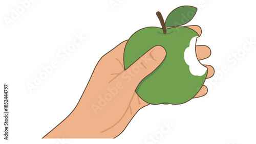 Hand holding a partially eaten green apple, symbolizing a healthy snack or choice.