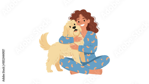 Joyful woman in pajamas hugging her golden retriever dog with a warm smile