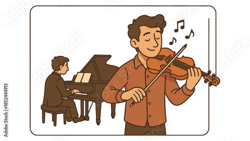 Young man joyfully plays violin while accompanying pianist in a warm studio