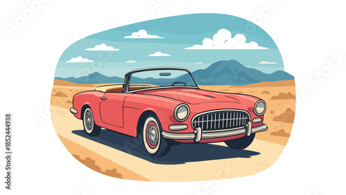 Classic red convertible cruising through a scenic desert landscape under a bright sky