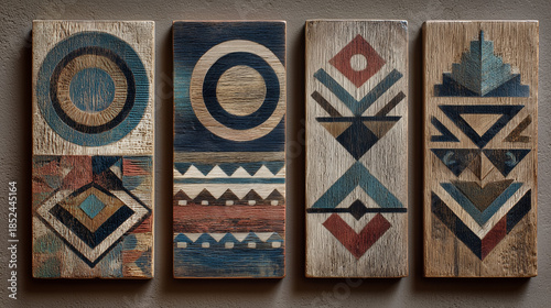 Geometric tribal pattern on wooden panels  Southwestern design  Native American art