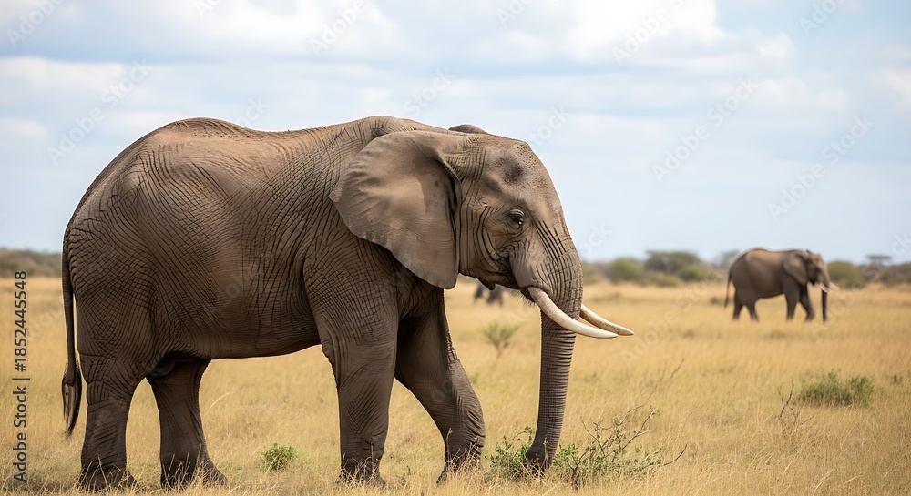 Obraz premium African Elephants Grazing in the Savannah Under Cloudy Sky.
