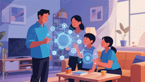 Illustration Of A Family Interacting With A Digital Network Layer, Depicting Connectivity And Innovation In The Home Environment Vector Design Template