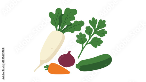Fresh, vibrant vegetables including a daikon radish, carrot, onion, cucumber, and parsley arranged together