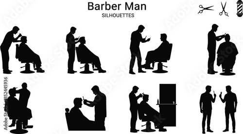 Barber man silhouettes, professional hair cutting scenes, male grooming service, barbershop activities, haircut styling, shaving beard, salon tools, classic barber shop concept