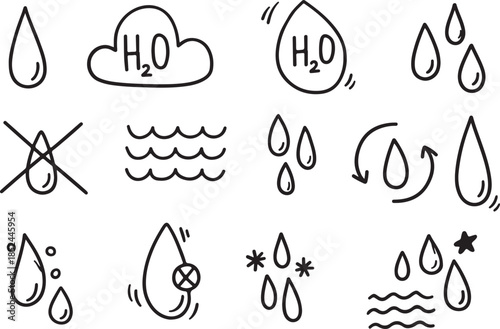 Water icons hand drawn set in doodle scribble style. Pure aqua resistant ecology drops line art vector art and illustration vector black icon set