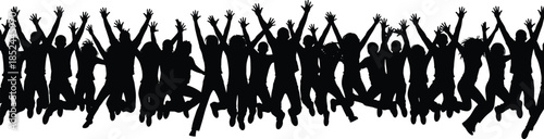 Cheering crowd silhouettes jumping celebrating together isolated on white background energetic people festival concert party joy teamwork success happiness freedom excitement 