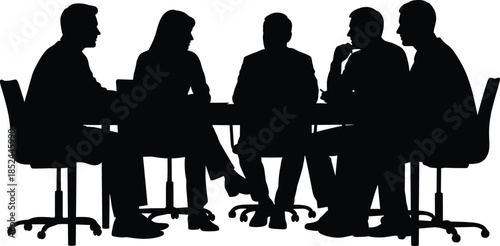Business team silhouettes meeting around conference table professional discussion corporate collaboration strategy leadership office teamwork decision making partnership communication planning 