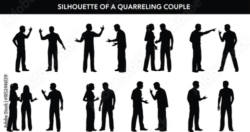 Silhouette of quarrelling couple, argument poses, man woman conflict gestures, relationship dispute stress anger communication problem, black figures isolated on white background concept illustration