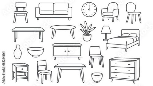 Collection of simple line art furniture and home decor items for interior design planning