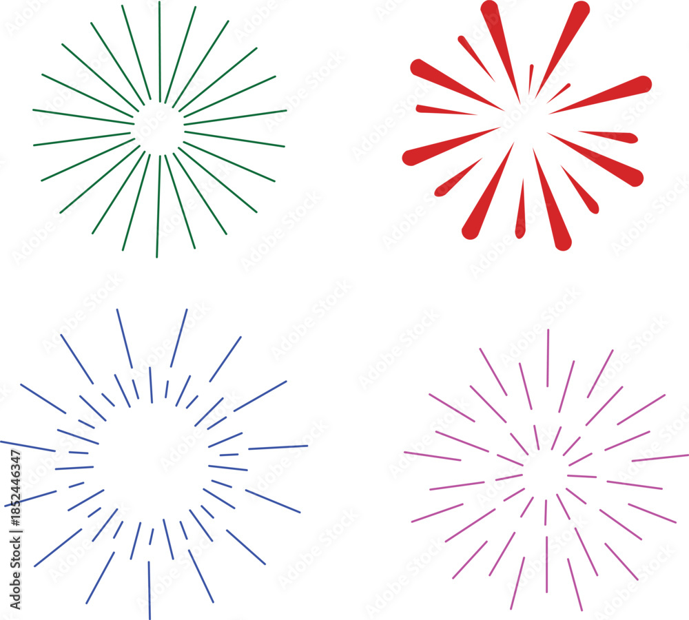 Fototapeta premium Set of for vectors of sunburst and fireworks in different colors. Shine icon vector set. Radiance illustration sign collection. effulgence symbol. shining web icons. sparkle logo.