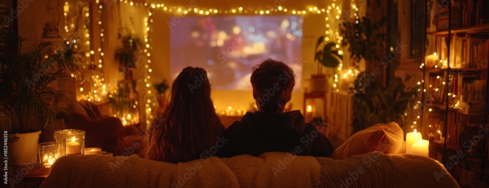 Obraz premium Couple watching a movie on a sofa in a cozy living room