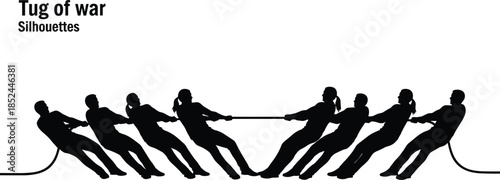Tug of war silhouettes, team strength competition, business conflict concept, leadership challenge, teamwork power balance, strategy rivalry, cooperation versus opposition, unity struggle illustration