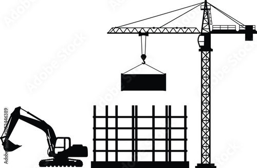 Construction site silhouette with tower crane excavator and steel framework, industrial building process, heavy machinery equipment, engineering development, urban infrastructure, architecture concept
