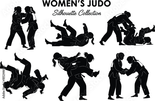 Women's judo silhouette collection, female martial artists performing throws grips takedowns combat sport training illustration isolated black design vector action women self defense poster