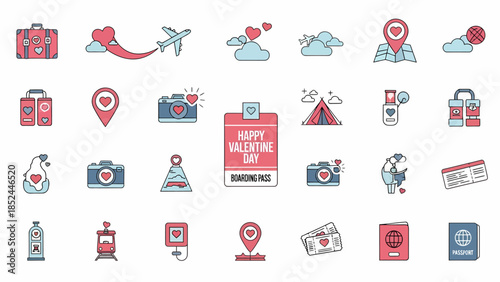 Valentine's Day travel icons with hearts and luggage