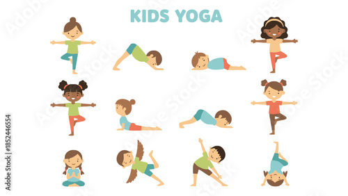 Diverse group of children practicing various yoga poses with joy and focus.
