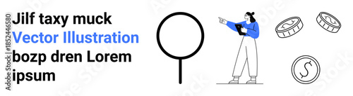 Woman in blue analyzing financial trends, holding a tablet, standing near magnifying glass and coins. Ideal for finance, investments, growth, strategy, business, analysis simple landing page