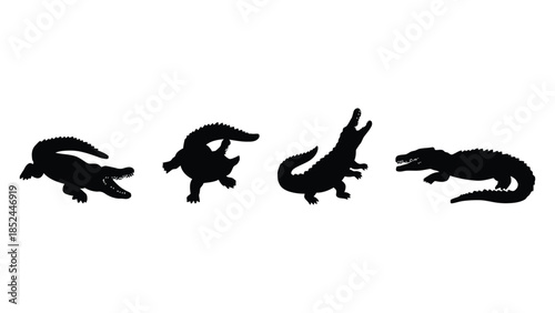 Dynamic silhouettes of alligators in various playful poses on a white background