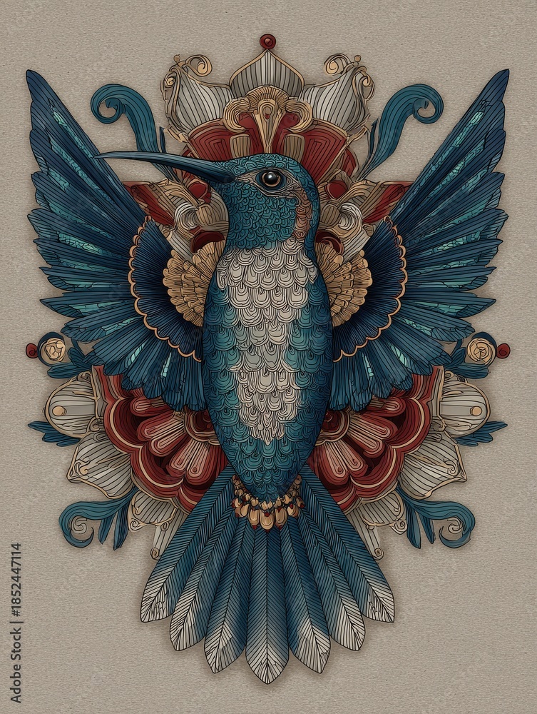 Naklejka premium Artistic Blue Hummingbird with Intricate Floral Design on Textured Background