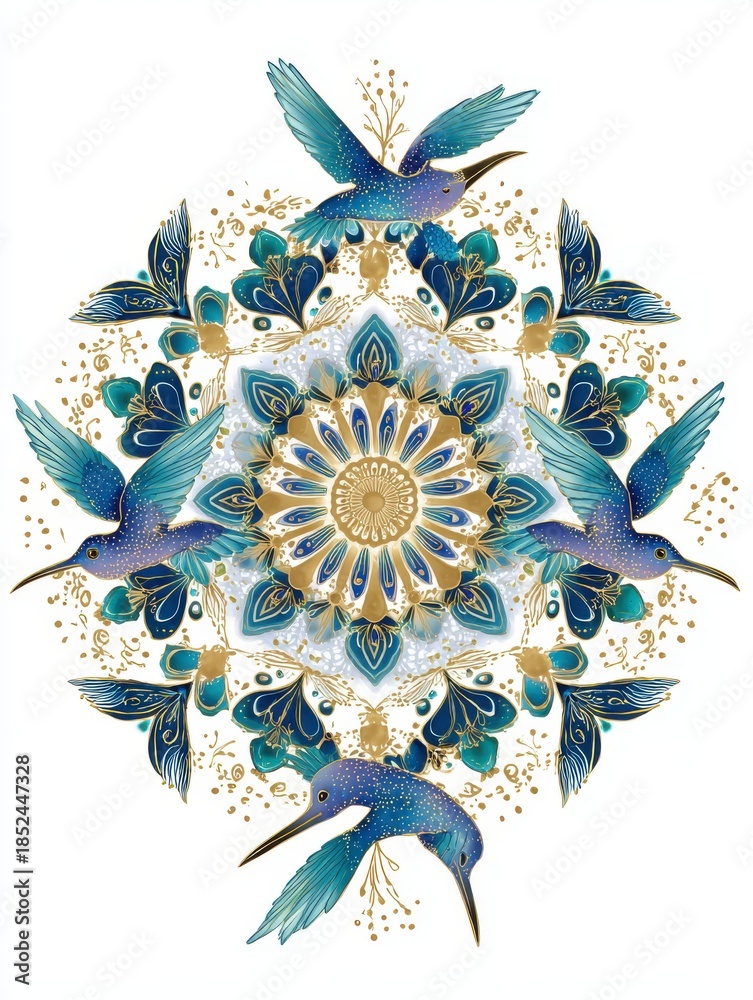 Naklejka premium Blue Hummingbirds Fly Around Intricate Golden Mandala Ornament With Teal Accents And Glitter