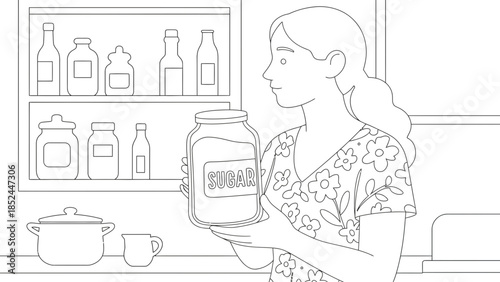 Woman holding a jar of sugar in a kitchen with shelves of ingredients