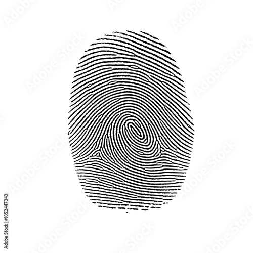 A solitary, black fingerprint, a whorl pattern, centered on a white background, sharply focused, creating a stark, isolated, and forensic ambiance.
