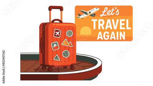 Bright orange suitcase with travel stickers on a conveyor belt, ready for adventure.
