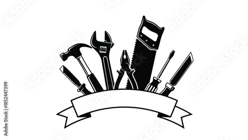 Black and white graphic of carpentry and repair tools over a banner