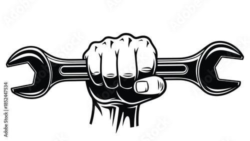 A strong clenched fist holding a large wrench tool icon