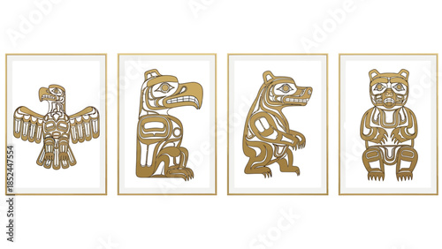 Four Indigenous North American Totem Pole Figures Depicting Animals.