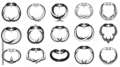 Collection of Circular Emblematic Designs Featuring Intertwined Serpents.