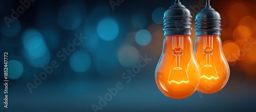 Two glowing light bulbs with a bright orange glow inside,  representing ideas and innovation, on a blue and orange background with bokeh effects. High quality. High quality