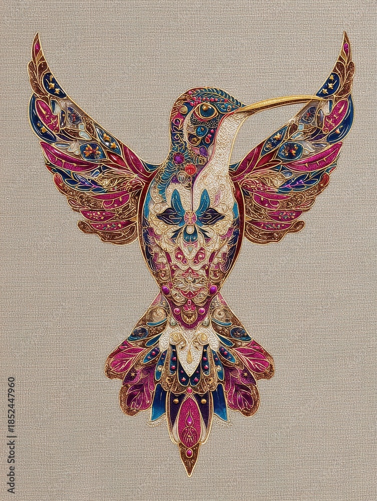 Naklejka premium Intricate Bejeweled Hummingbird with Golden Beak and Spread Wings Against Textured Background