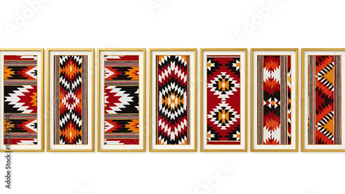 Collection of Seven Framed Native American Geometric Pattern Textiles.