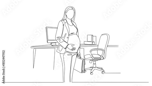 Pregnant professional woman embracing belly, continuous line art in office, for maternity leave, work-life balance, expectant mother career, corporate HR policies.