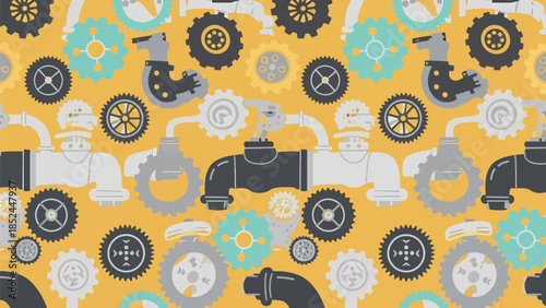 Industrial background with gears and pipes in yellow