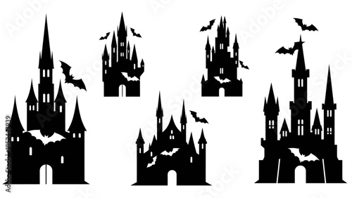 Collection of Spooky Halloween Castles Silhouettes with Bats Flying.