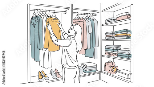 Woman selecting a yellow shirt from her organized walk-in closet for capsule wardrobe drawing, decluttering wardrobe concept, fashion choice decision, outfit planning illustration,