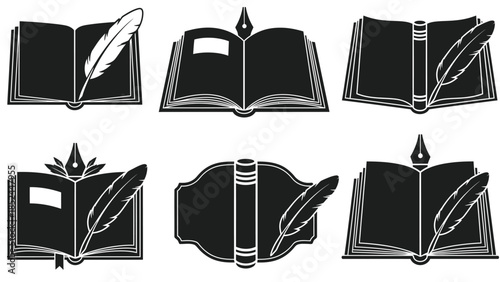 Collection of Vintage Open Books with Feather Quills and Ink Pots.