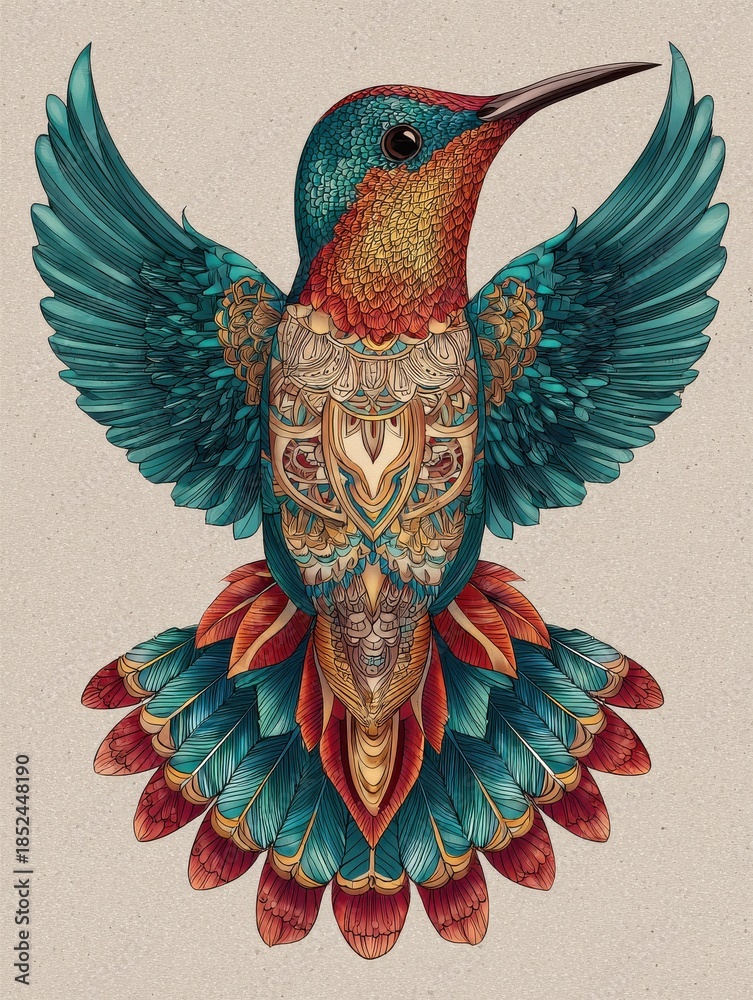 Naklejka premium Intricate Hummingbird With Ornate Tribal Tattoo And Colorful Feathered Wings Against Textured Background