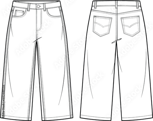 Technical fashion sketch of wide leg denim pants, front and back views of high waisted baggy jeans with pockets, flat vector template