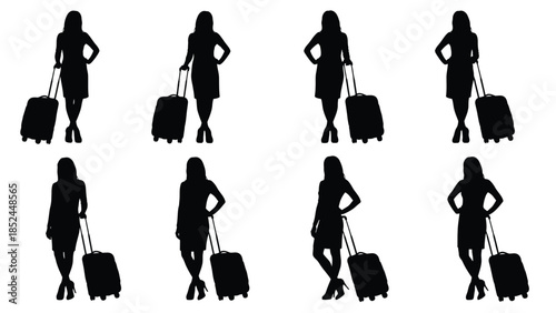 Set of female traveler silhouettes with rolling luggage