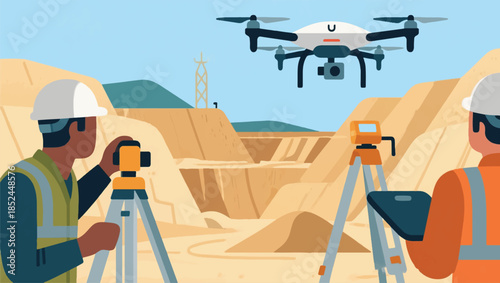 Illustration Of Drone Technology For Monitoring Mining Operations Vector Design Template