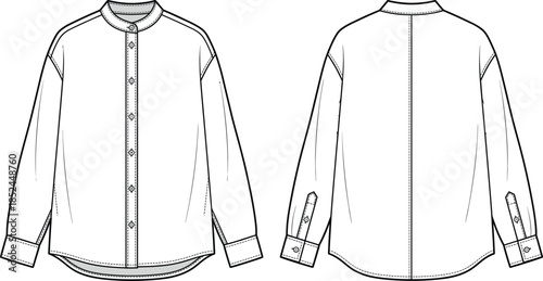 Technical fashion sketch of women's mandarin collar shirt, long sleeve button down blouse front and back views, flat vector template illustration