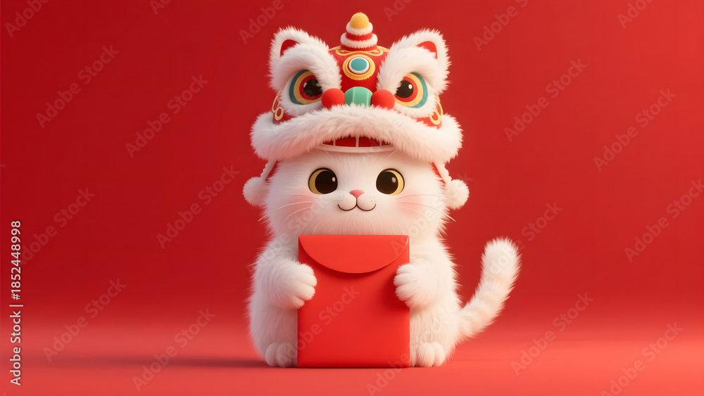Fototapeta premium Fluffy White Cat Holding Red Envelope for New Year