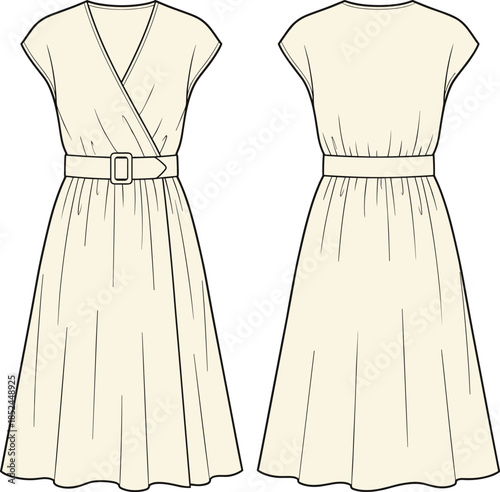 Technical fashion sketch of women's wrap dress with belt, V-neck short sleeve midi dress front and back view, flat vector template illustration