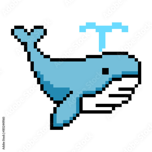 Pixel whale vector for sea adventure games and ocean themes. Ideal for symbolizing marine life, big mammals, and retro underwater exploration.