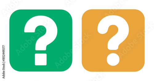 White question mark symbols on green and orange rounded squares isolated on a white background
